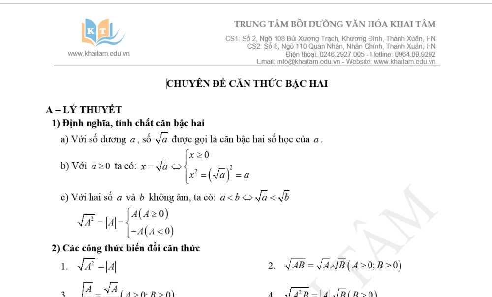 Toán 9: Tài liệu Ôn thi vào 10. Chuyên đề: Căn thức bậc 2